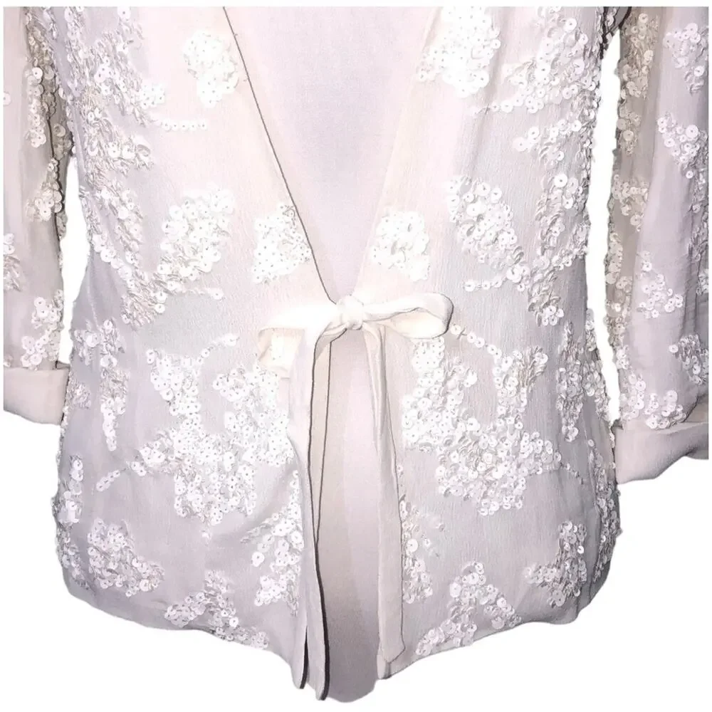French Connection Mimosa Mist Sequined Tie Front Jacket in Daisy White 4 NWT